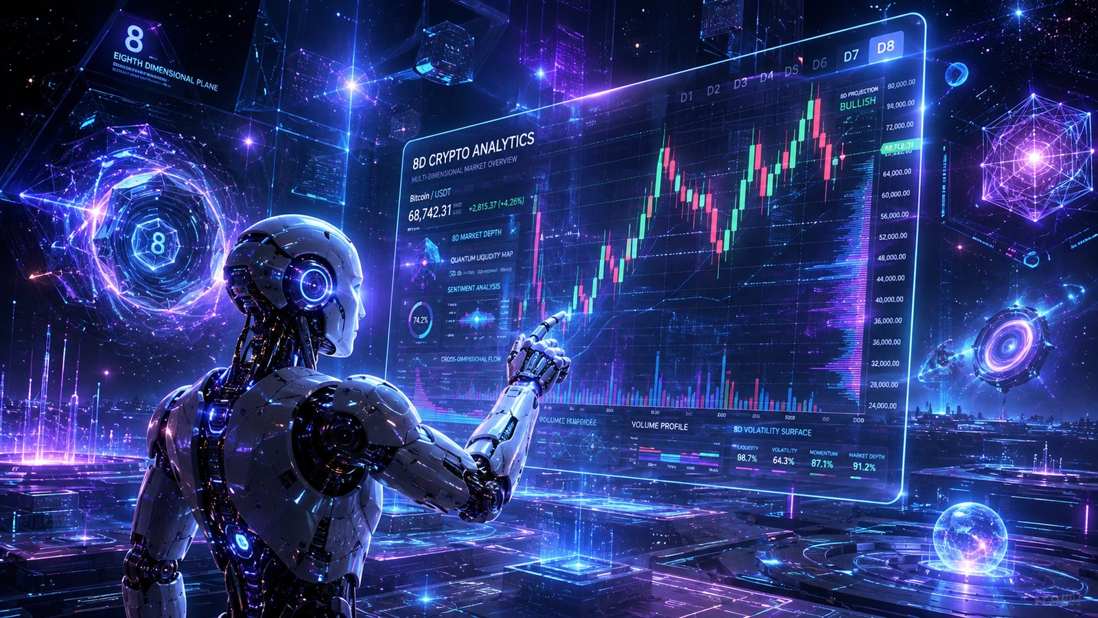 AI robot analyzing blockchain and crypto market on futuristic holographic trading chart